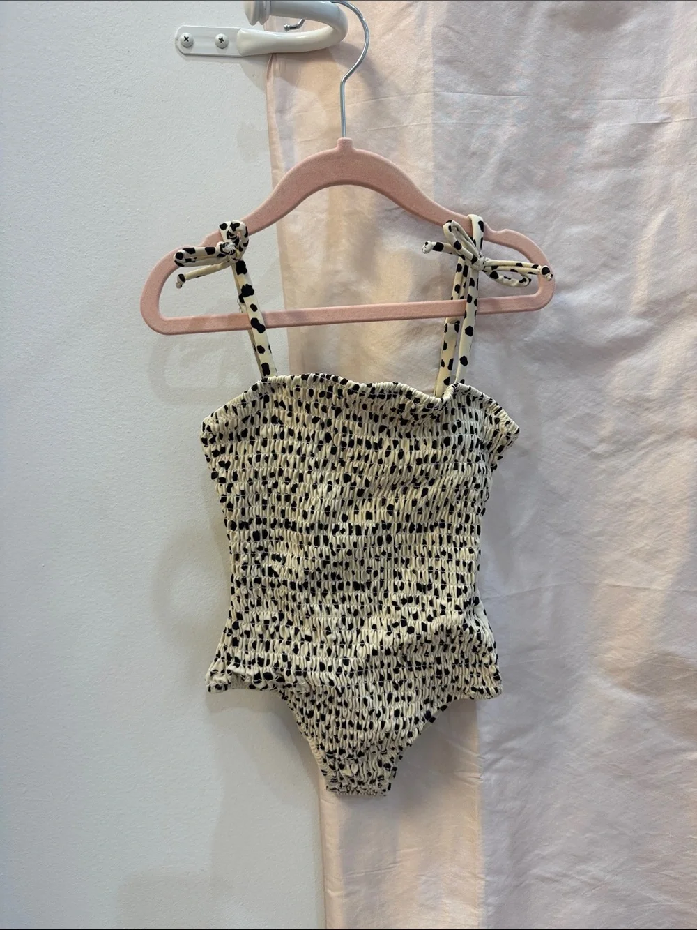 Smocked Tie-Shoulder One-Piece Swimsuit in Cream with Black Dot Print